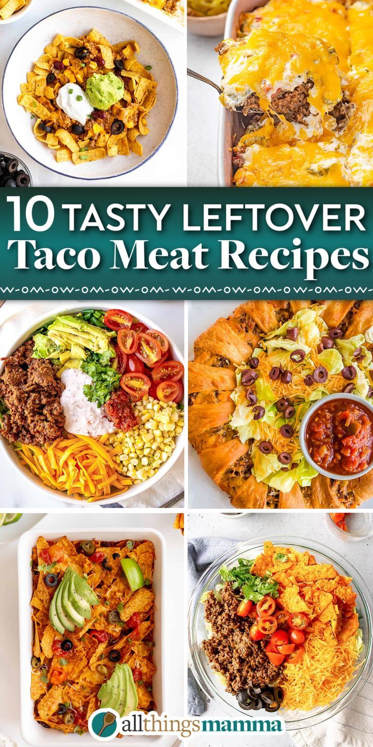 10 Tasty Leftover Taco Meat Recipes social collage graphic; frito casserole, john wayne casserole, taco salad, taco ring, doritos taco casserole, doritos taco salad Taco Meat Uses, Things To Make With Taco Meat, Recipes Using Taco Meat, Leftover Taco Meat Ideas, Recipes With Taco Meat, Taco Meat Recipes Leftover, Leftover Taco Meat Recipes, Leftover Taco Meat, Taco Tuesday Recipes