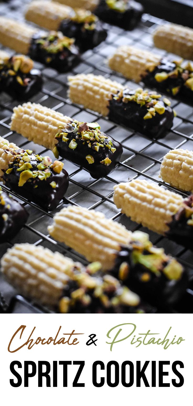 chocolate and pistachio spritz cookies on a cooling rack with text overlay