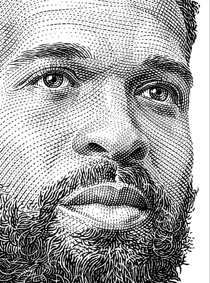 a black and white drawing of a bearded man