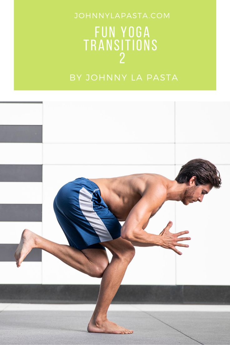 a man in blue shorts and no shirt doing a yoga pose with the words fun yoga transitions 2 by johnny la pasta