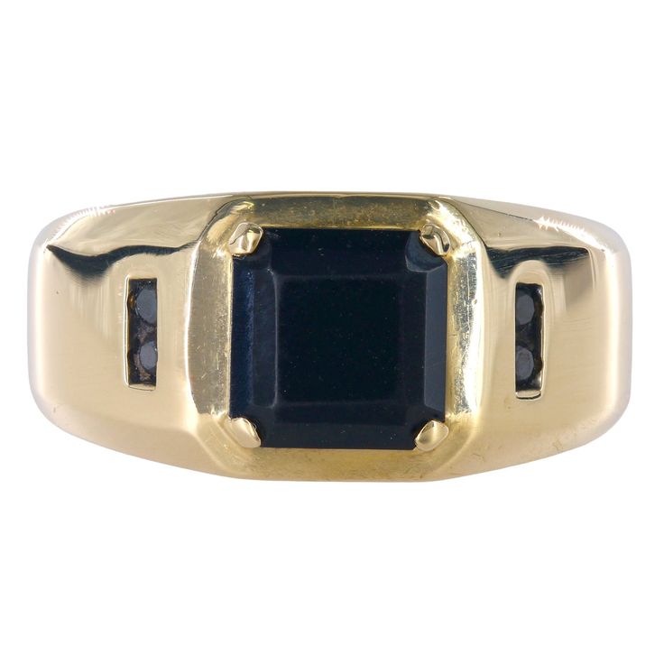 A true masterpiece of timeless elegance. Featuring a meticulously crafted 3.6mm shank and an eye-catching head size of 10.75mm, this ring is designed to adorn a size 9.75 finger with effortless style. At its heart lies a mesmerizing square-cut onyx, measuring 8x8mm, exuding an aura of mystery and allure. Accentuating its exquisite beauty are four round brilliant-cut black diamonds, each weighing 0.015 carats, adding a touch of glamour and refinement.  Shank size: 3.6mm Head size: 10.75mm Ring si Luxury Onyx Diamond Ring For Formal Occasions, Formal Black Jewelry With Prong Setting, Black Round Cut Jewelry For Formal Occasions, Luxury Formal Emerald Ring With Channel Set, Luxury Onyx Rings For Formal Occasions, Luxury Channel Set Emerald Ring For Formal Occasions, Fine Jewelry Yellow Gold Rings With Onyx, Fine Jewelry Yellow Gold Onyx Rings, Classic Black Rings With Accent Stones