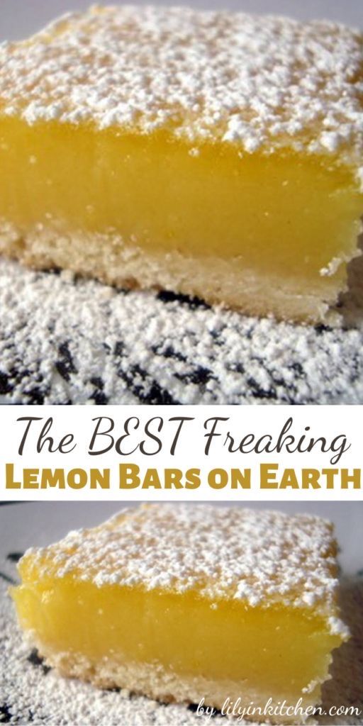 lemon bars with powdered sugar on top and the words, the best freaking lemon bars on earth