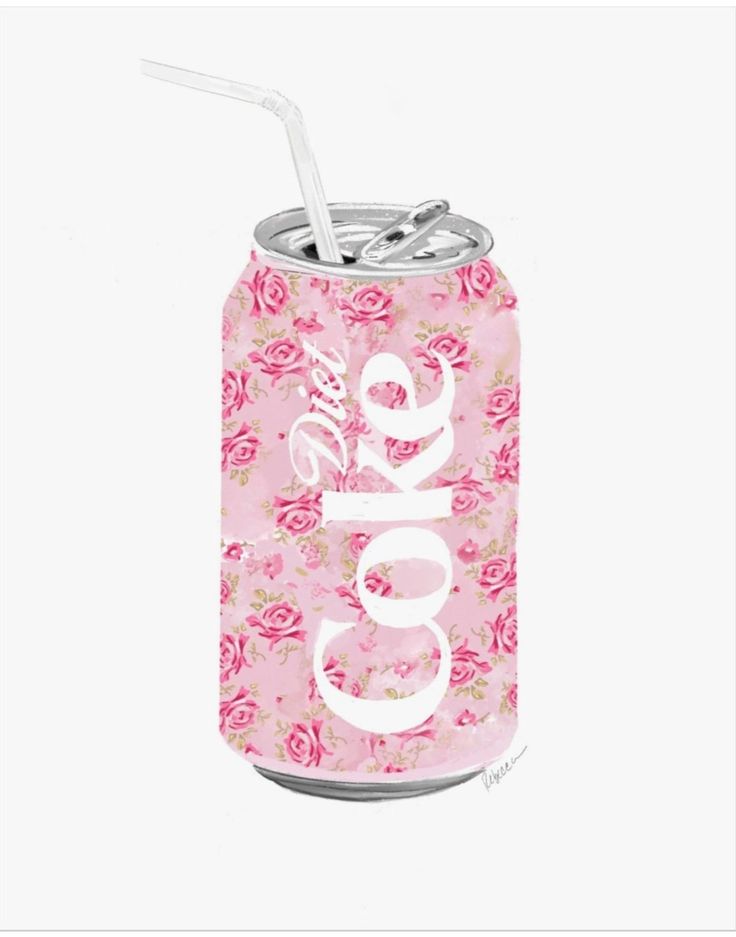 a pink floral can with a straw in it and the word coke on top of it