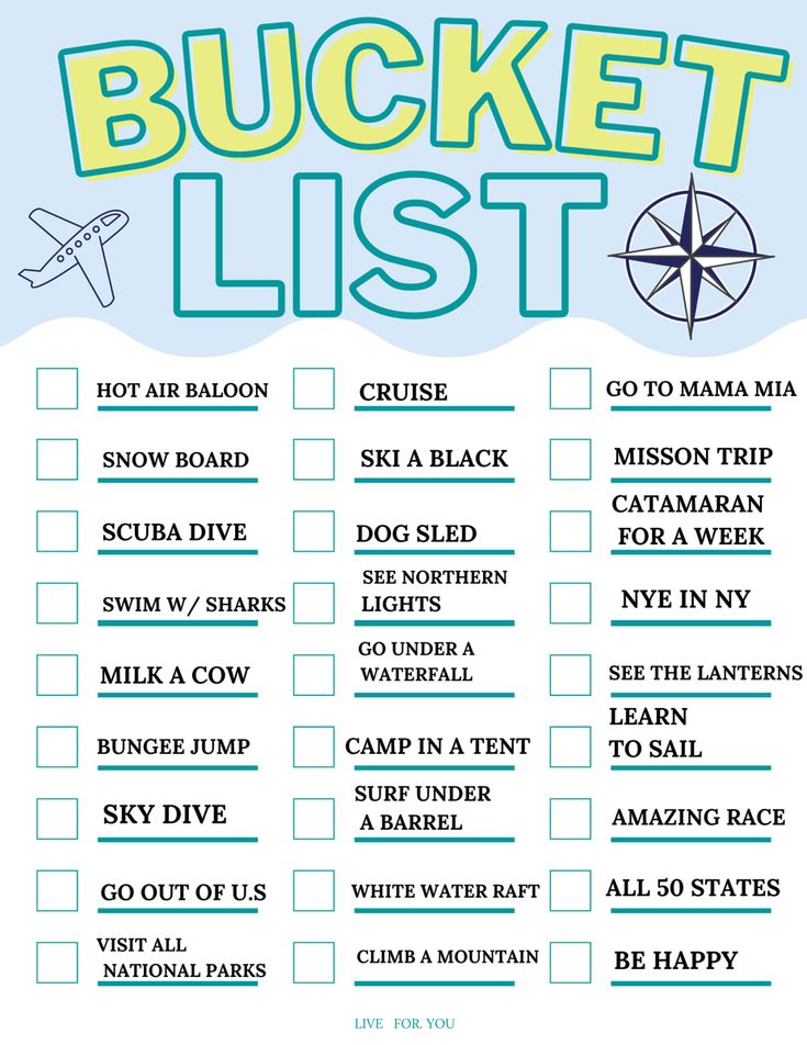 the bucket list is shown in blue and green with an airplane on it's side