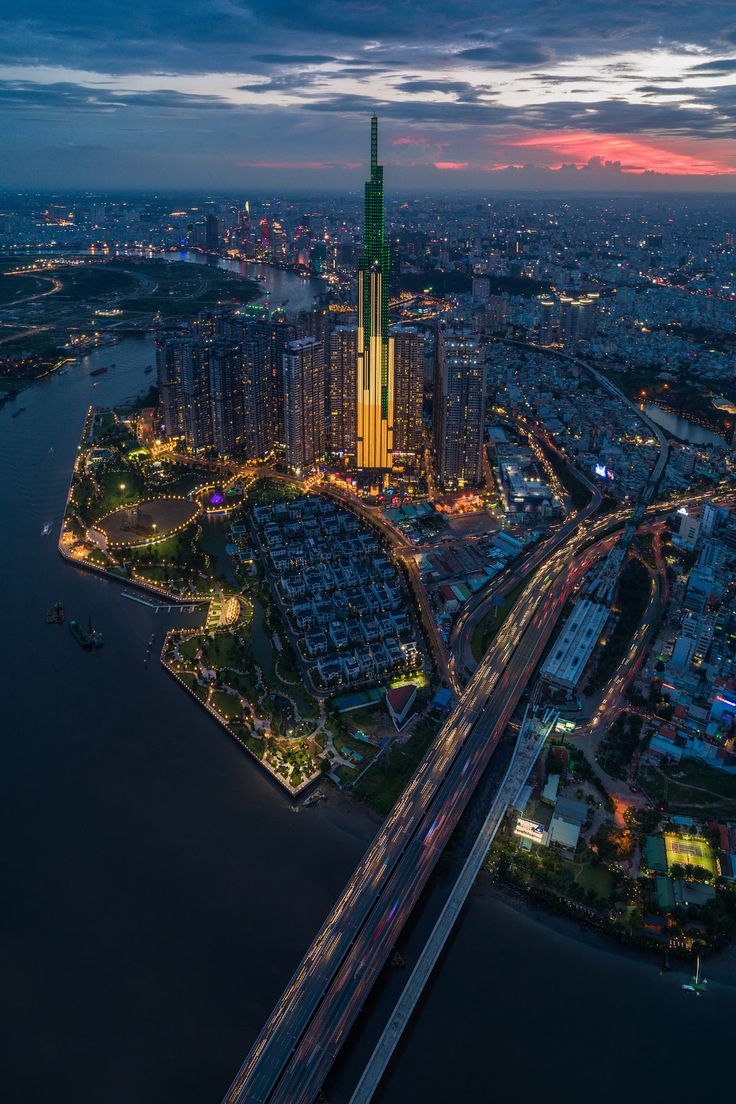 an aerial view of a city at night