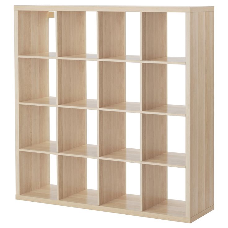 a wooden shelf with six compartments on each side