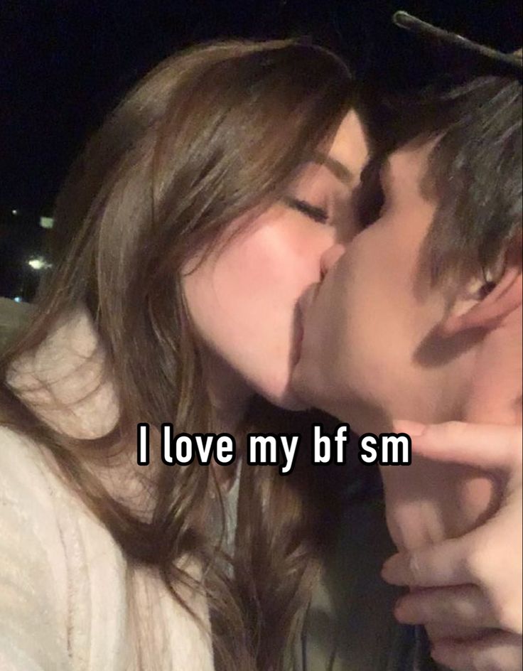 a man and woman kissing each other with the words i love my btf sm