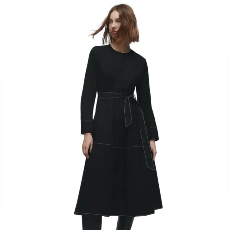 Zara X-Small Black The Ula Dress New With Tags 100% Cotton, Machine Washable Features: -Cotton Midi Dress -Pockets -Round Neck -Long Sleeves -Self Tied Belt -Contrasting White Stitching Measurements: Shoulder To Shoulder: 15" Ptp: 17" Sleeve Length: 23" Length: 47" (Approximate) Black Midi Dress For Workwear In Fall, Black Midi Dress For Workwear In Winter, Black Midi Dress For Winter Workwear, Black Midi Dress For Work In Fall, Black Midi Dress For Work In Winter, Black Belted Midi Dress, Zara Belted Midi Dress For Work, Black Cotton Midi Dress For Evening, Black Belted Dress For Winter