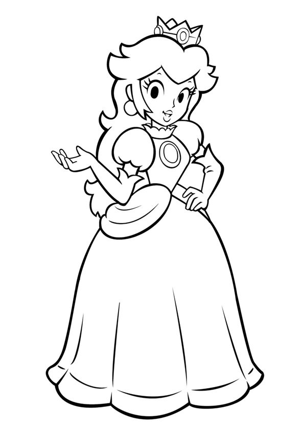 the princess peach from mario's super mario bros coloring page with her hand on her hip