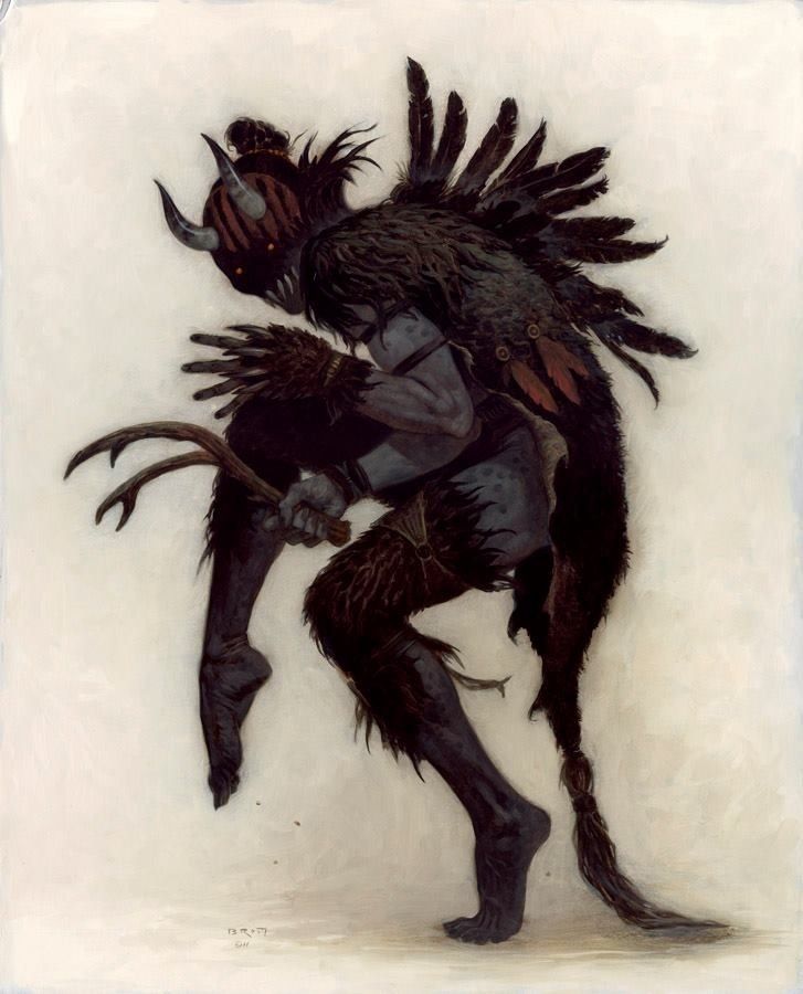 an artistic painting of a demon with long hair and claws on it's back