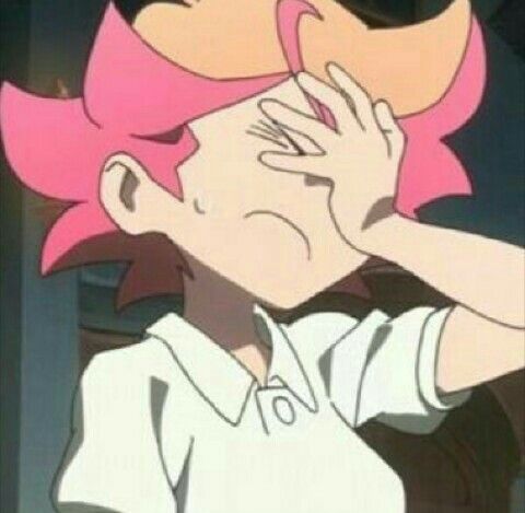 an anime character with pink hair covering her eyes and looking at something in the distance