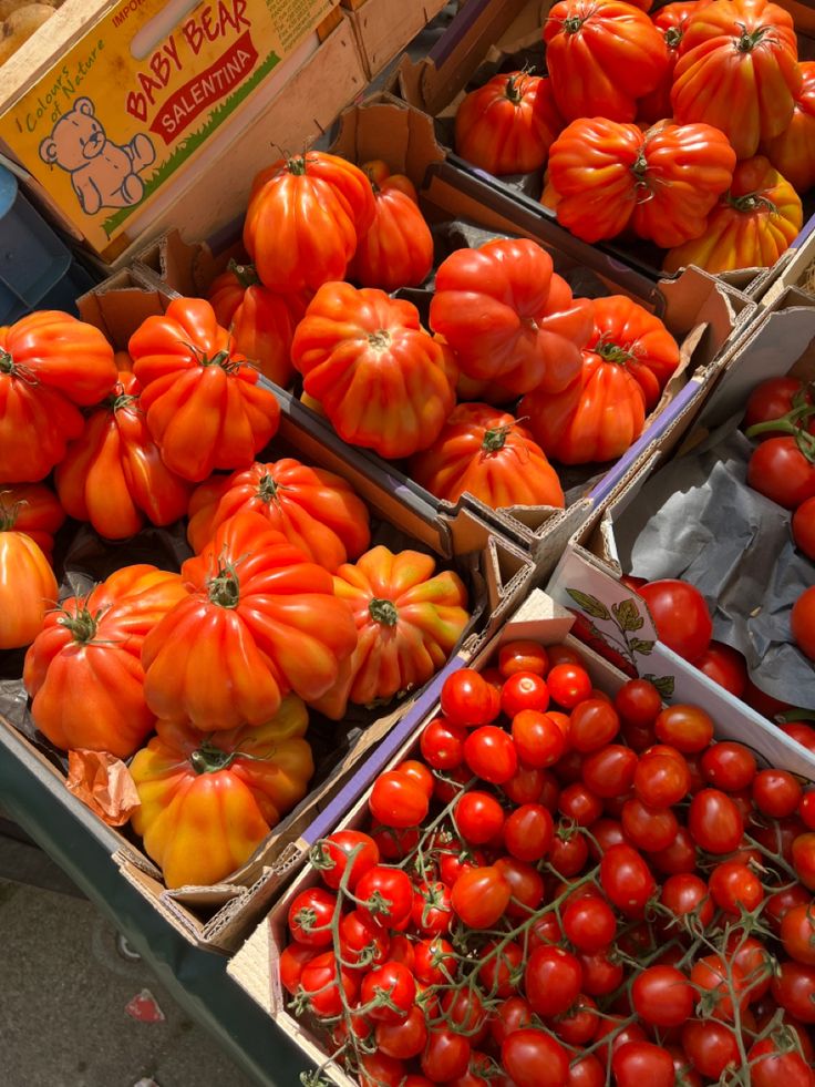 many different types of tomatoes on display at a market