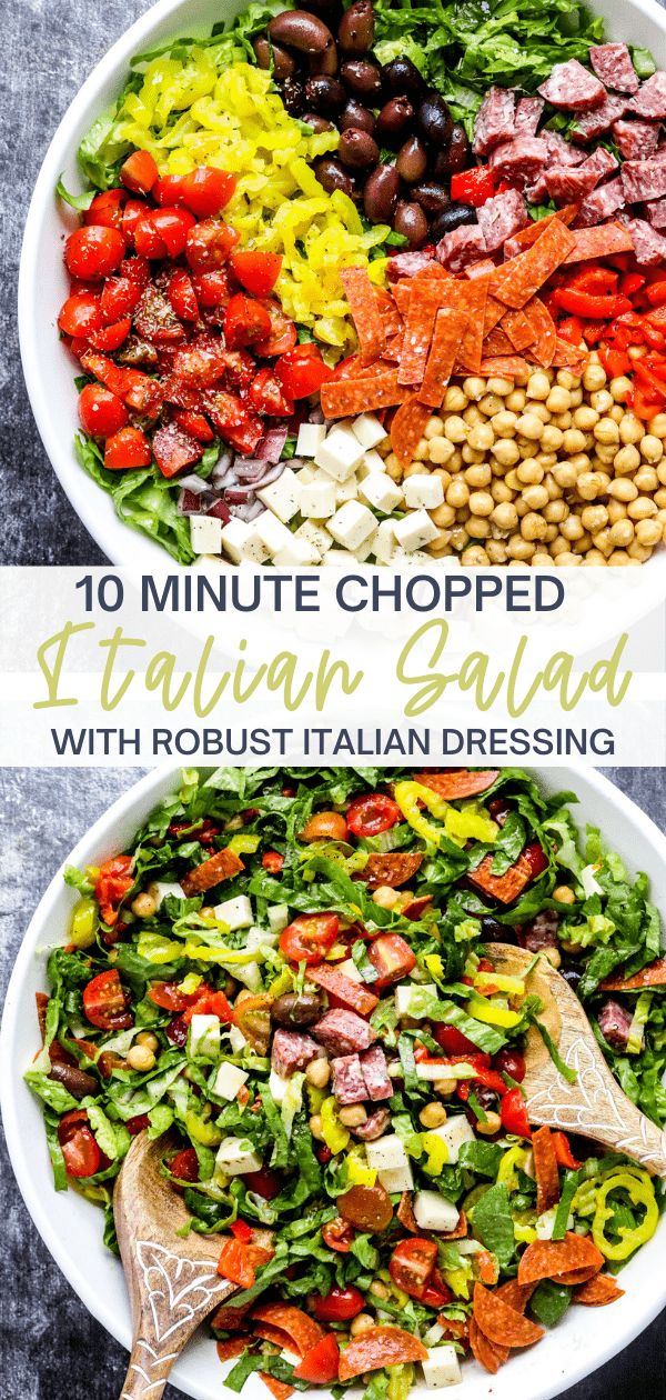 two plates filled with different types of salads and the words, 10 minute chopped italian salad