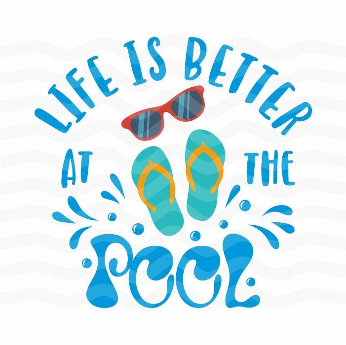 life is better at the pool with flip flops and sun glasses on white background