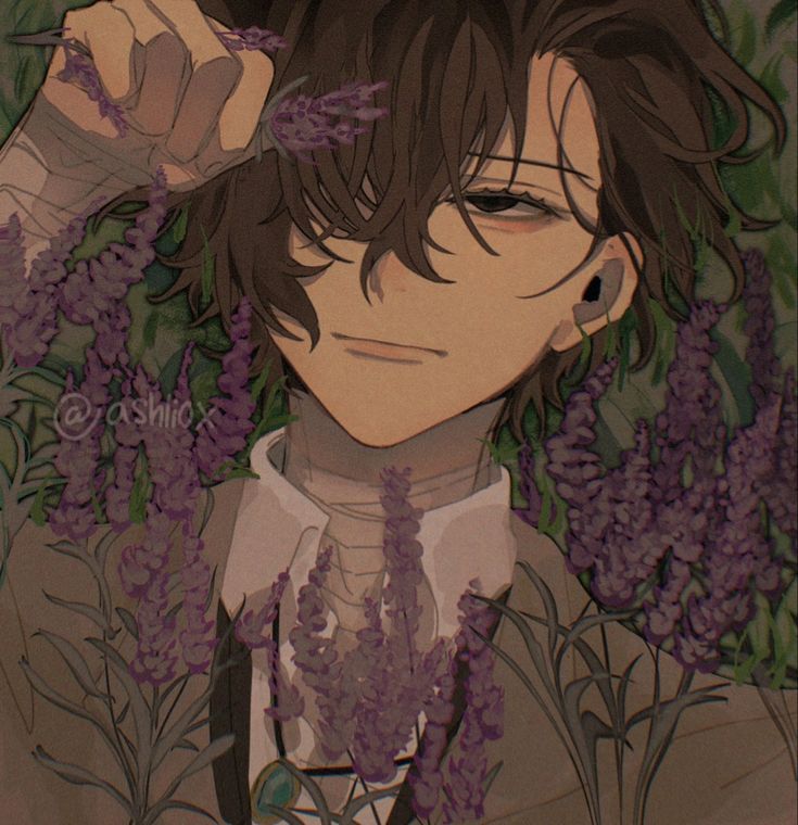 an anime character with dark hair and purple flowers