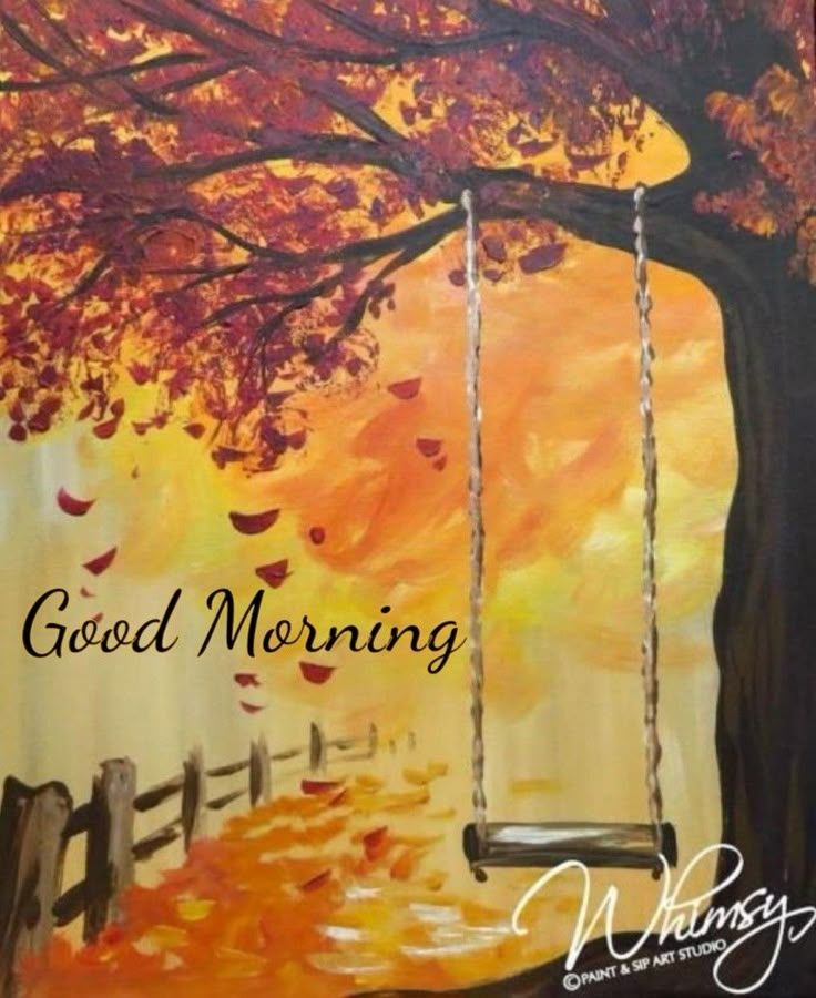 a painting of a tree and swing with the words good morning on it