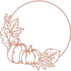 a drawing of pumpkins and leaves on a white background with an orange circle in the middle