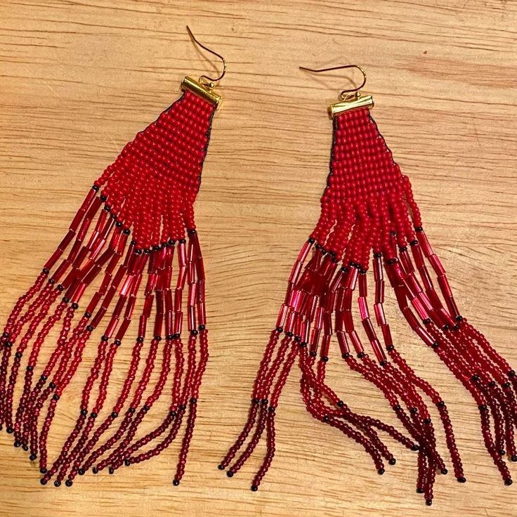 Watch Out Because These Earrings Are Hot Hot Hot! Beautiful Red Glass Seed Beads And Glass Bugle Beads Dangle And Sparkle. Red Represents Love, Passion, Fire, Fury. Red Is The Color Of Blood And Fire. It Is Associated With Love, Passion And Desire. These Earrings Are Hand Beaded And They Feature French Hooks Aka Fishhooks. Order Includes 2 Silicone Earring Backs (Not Pictured) For Security.