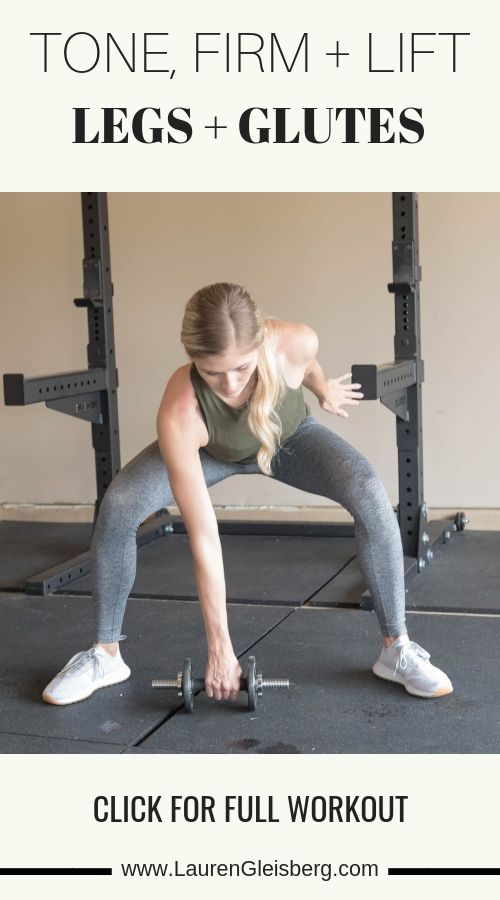 a woman doing squats with the text tone, firm and lift legs + glutes