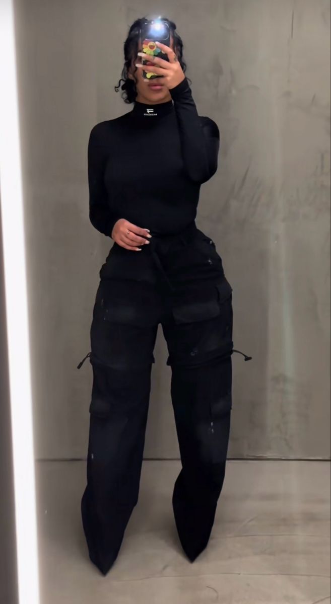 Chill Dinner Outfit Black Women, Goth Modern Outfits, Black Casual Chic Outfit, Faux Leather Pants Outfit Black Women, Black Cargos Outfit Black Women, Edgy Modern Fashion, Fall Looks For Black Women 2024, Silk Black Pants Outfit, Healthcare Administration Outfit