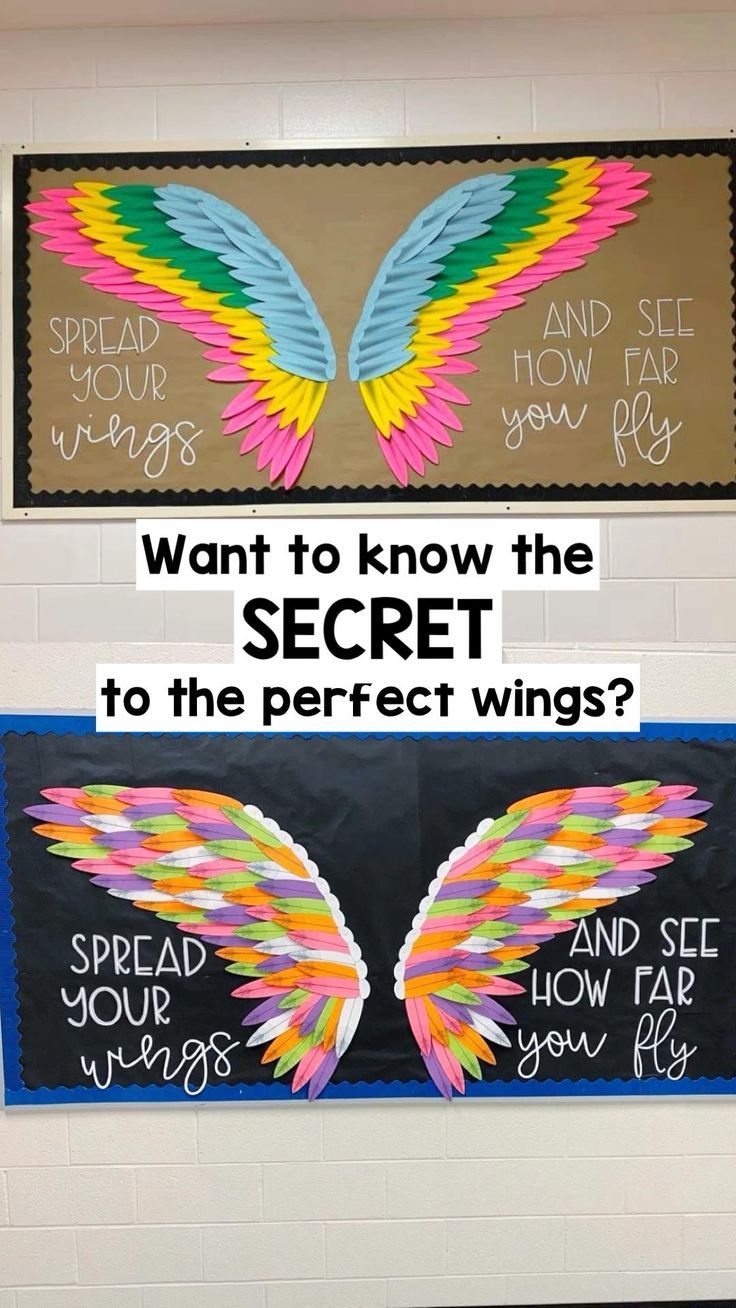 two bulletin boards with colorful wings on them and the words want to know the secret to the perfect wings?