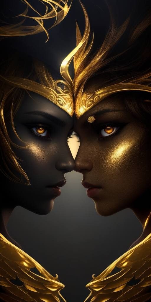 two beautiful women with golden wings on their faces, facing each other and looking into one another's eyes