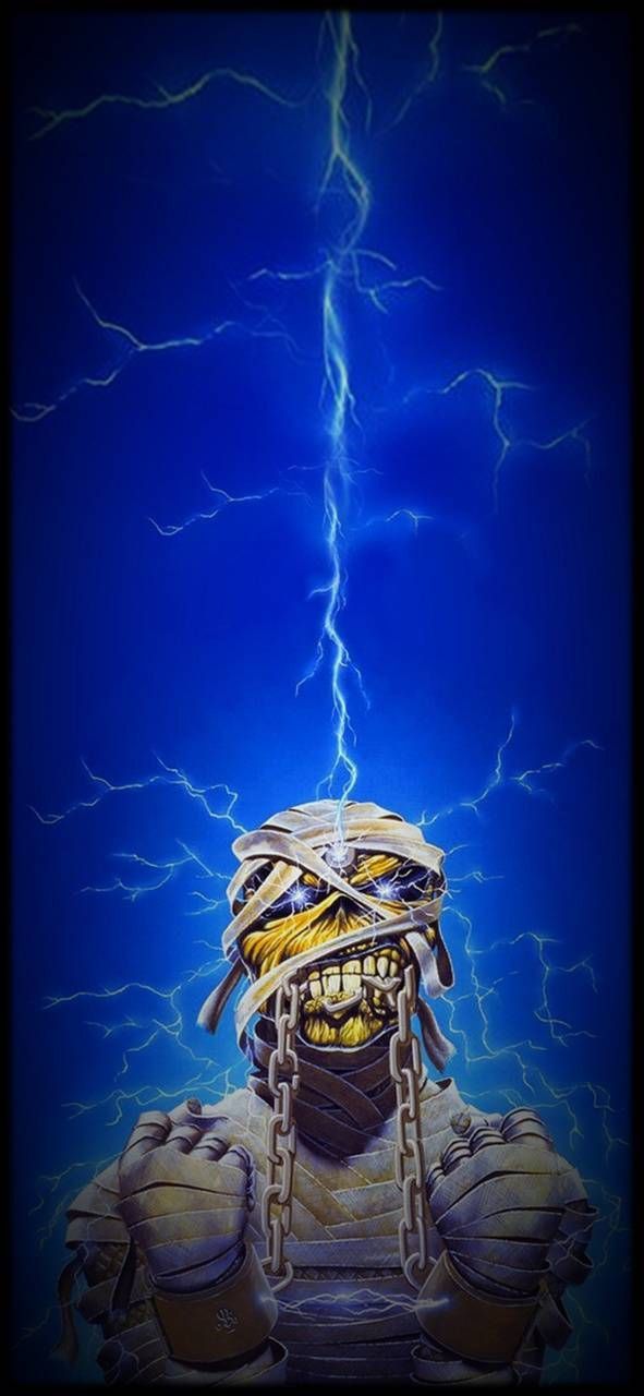 an image of a man with chains on his head and lightning in the sky behind him