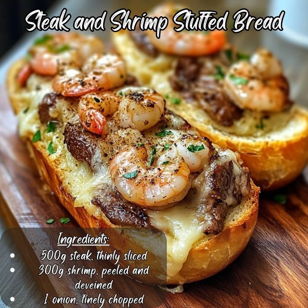 steak and shrimp stuffed bread on a cutting board