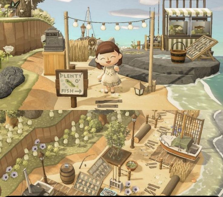 Animal Crossing Beach Builds, Acnh Fishing Pier, Cottagecore Builds Acnh, Acnh Beach Area Ideas, Acnh Farmcore Beach, Beach Builds Acnh, Acnh Milk Truck, Acnh Beach Ideas Natural, Beach Area Acnh