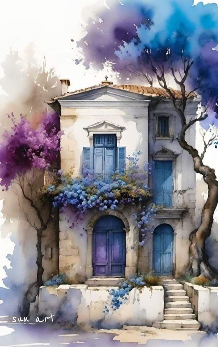 watercolor painting of a house with blue shutters and purple flowers on the windows