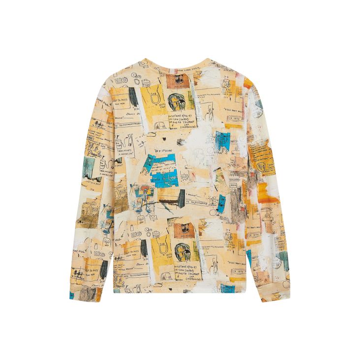 This is a premium medium weight long-sleeve shirt. The all-over print featured is Basquiat's artwork Toxic. 100% medium weight cotton jersey Slightly oversized fit, Unisex, Adult size XS-XL Ribbed neck and sleeve hem Relaxed crew neck Made in Portugal Machine wash cold, inside-out and tumble dry low to preserve color About the artwork: Jean-Michel Basquiat’s Toxic is a portrait of his friend, the New York artist and DJ Torrick Ablack (a.k.a. Toxic) who collaborated with him on music projects and Fall Long Sleeve T-shirt With Sublimation Print, White Long Sleeve Sweatshirt With All Over Print, White Long Sleeve Sweatshirt With Graffiti Print, Oversized Long Sleeve Graffiti Sweatshirt, Oversized Cotton Tops With All Over Print, Relaxed Fit Long Sleeve Printed Sweatshirt, Long Sleeve Printed Cotton Sweatshirt, Long Sleeve Printed Sweatshirt With Relaxed Fit, Printed Cotton Long Sleeve Sweatshirt