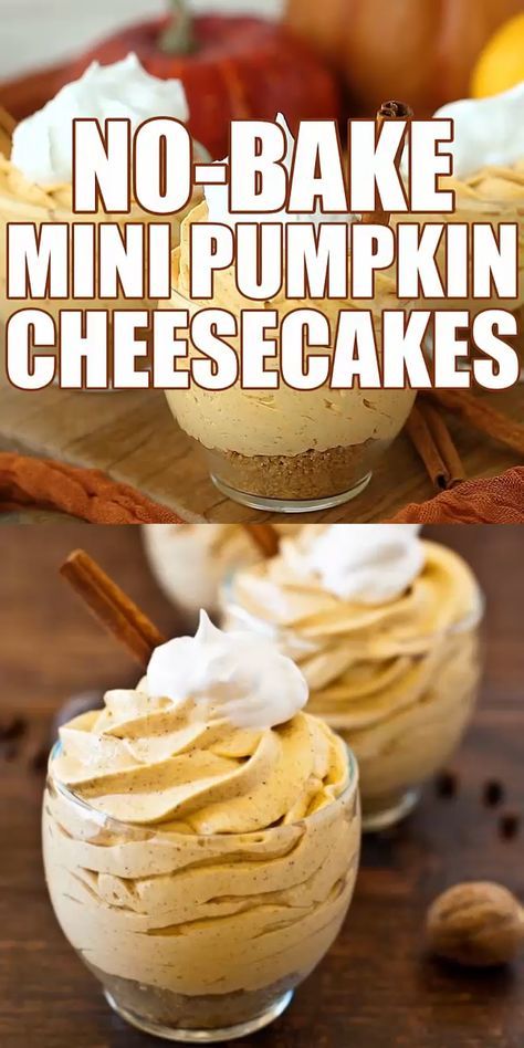 no bake mini pumpkin cheesecakes in small glass dishes