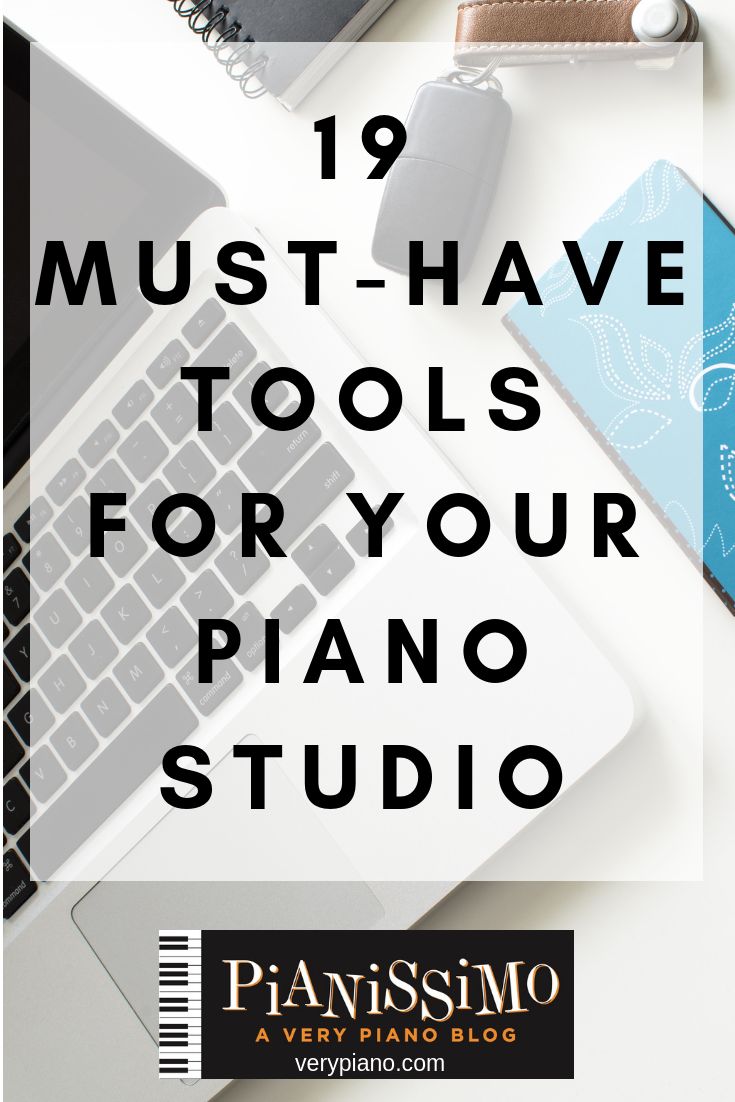 a laptop computer sitting on top of a desk next to a keyboard and mouse with the words 19 must - have tools for your piano studio