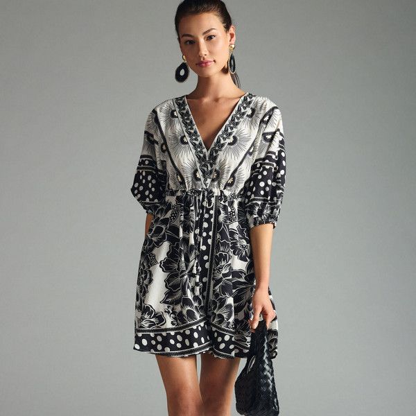 Printed Puff Sleeve Mini Dress Satin Halter Dress, Linen Blend Dress, Silhouette Dress, Twirl Skirt, Mixed Prints, Puff Sleeve Mini Dress, New Farm, Linen Mini Dress, Flowy Maxi Dress