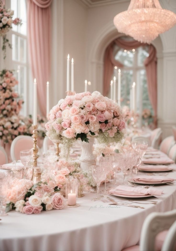 the table is set with pink flowers and candles for an elegant wedding reception or special event