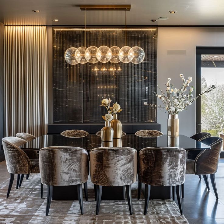 an elegant dining room with black and gold decor