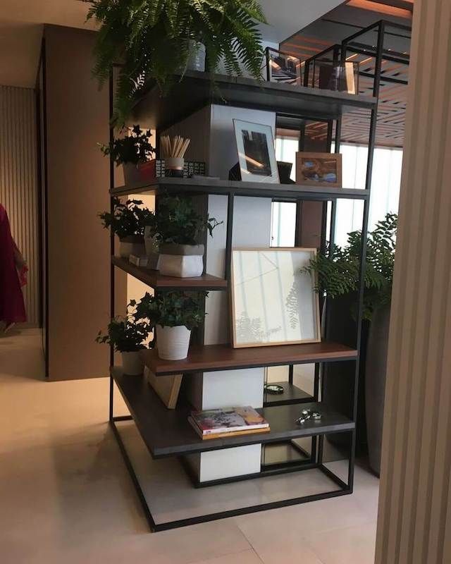 a shelf with plants and pictures on it in a houseplant display case at an office