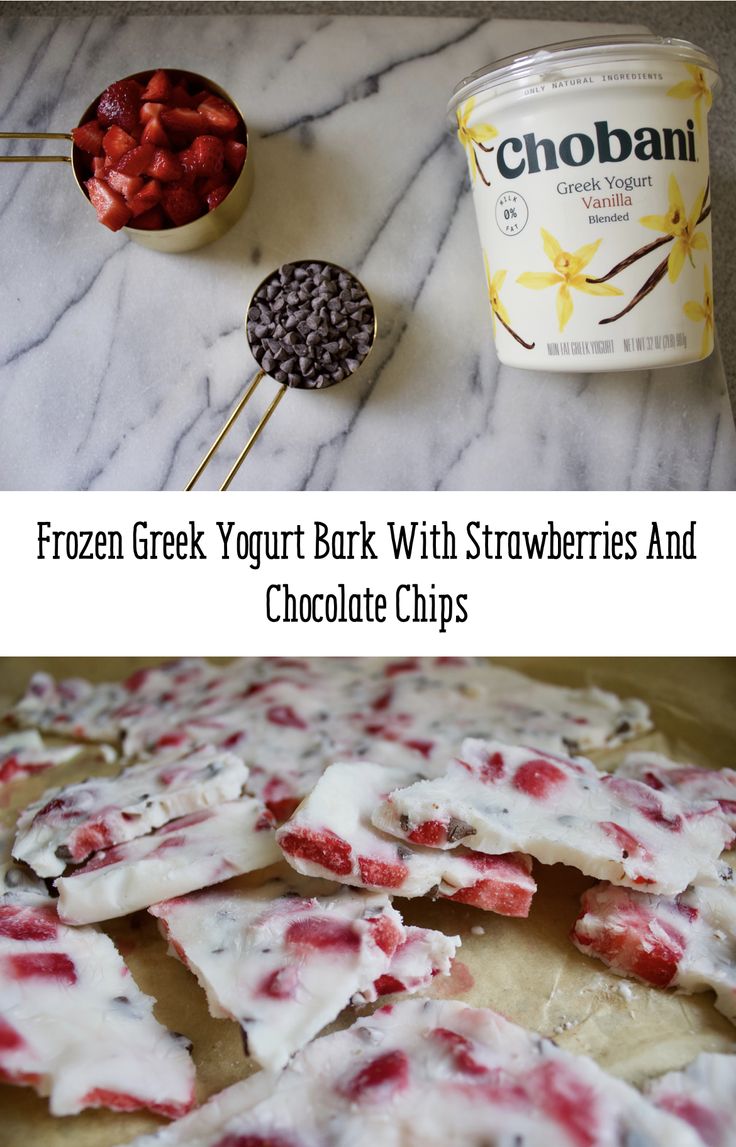 frozen greek yogurt bark with strawberries and chocolate chips