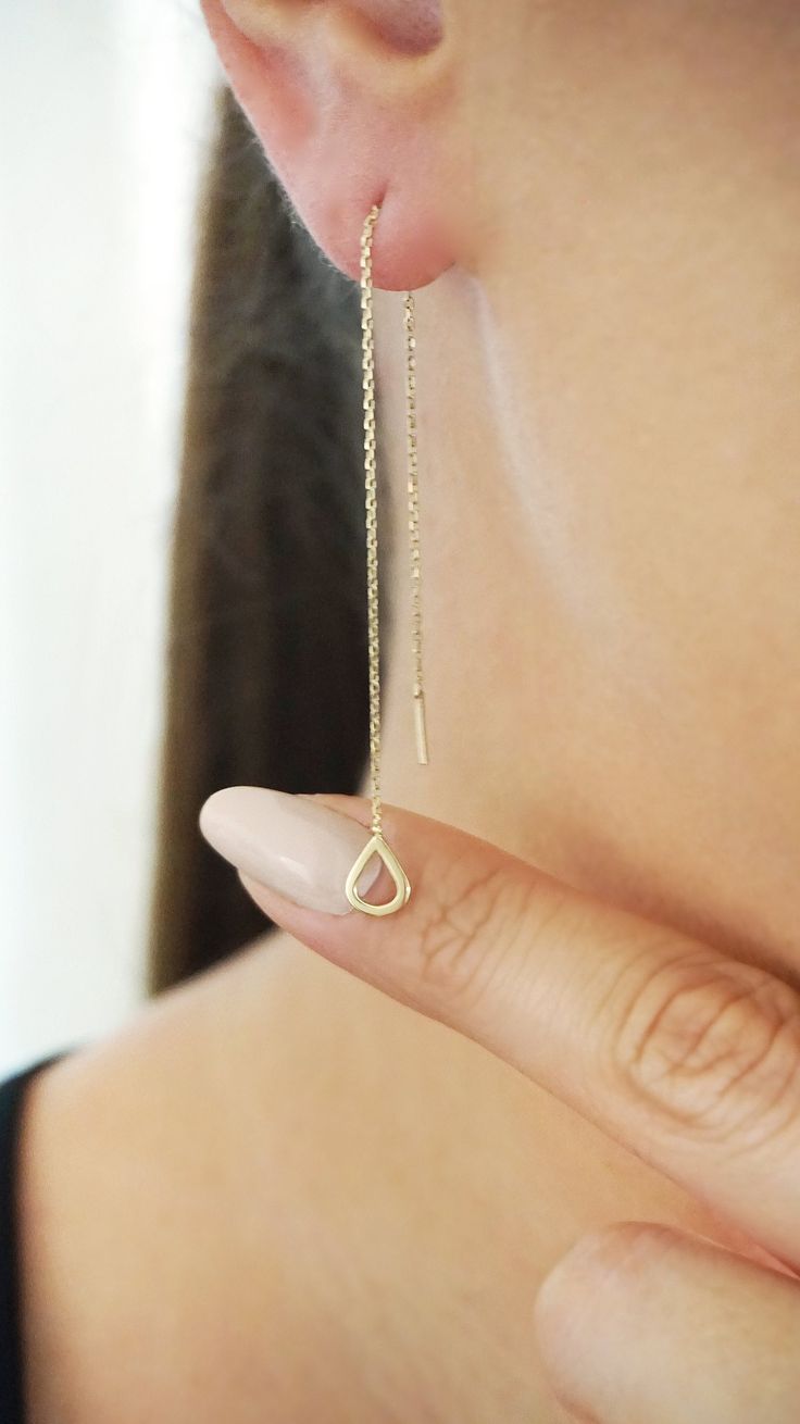 14K 9K Gold Teardrop Threader Earrings, Solid Gold Minimalist Earrings, Dainty Teardrop Threaders, Long Chain Drop Earrings, Edgy Ear Thread, Pull through chain earrings. Gift for her, FREE EXPRESS SHIPPING Dainty and minimalist 14K or 9K Solid gold threader earrings with a small teardrop. A lovely, versatile pair of earrings/earring that you will love wearing all day, everyday! Whisper...I love Geometry! :) ------------------------------------------- D E T A I L S 14K Solid Gold or 9K Solid Gol Dainty Teardrop Earrings With Delicate Chain, Gold Teardrop Threader Pierced Earrings, Gold Teardrop Threader Earrings, Dainty Teardrop Dangle Earrings For Everyday, Dainty Everyday Teardrop Dangle Earrings, Gold Teardrop Threader Earrings 14k, 14k Gold Filled Teardrop Earrings, Gold Teardrop Threader Earrings For Everyday, Minimalist 14k Gold Filled Teardrop Dangle Earrings