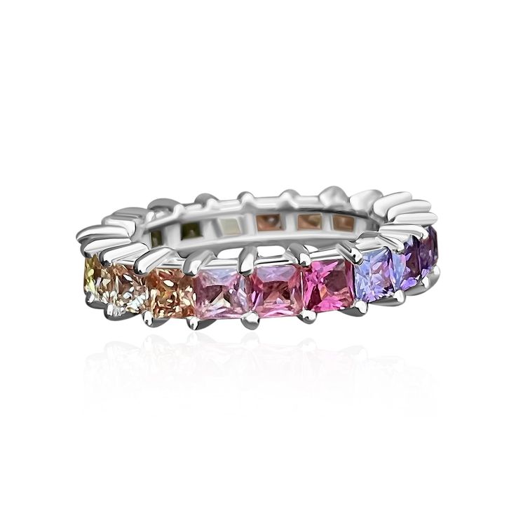 925 Sterling Silver 14K Gold Plated Multi Colored Asher Cut Gemstones Beautiful for stacking Trending 2021* Inexpensive Jewelry, Gold Diamond Band, Emerald Cut Rings, Colorful Jewelry, Jewelry Sterling Silver, Ring Sterling Silver, Diamond Bands, Eternity Ring, Pave Diamonds