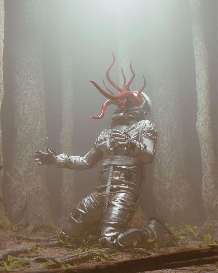 a man dressed as an alien sitting in the middle of a forest with his hands out