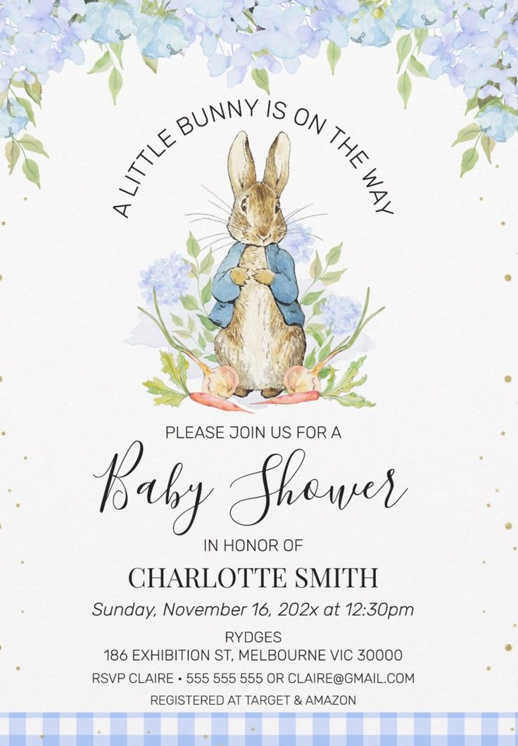 a baby shower is shown with an image of a bunny