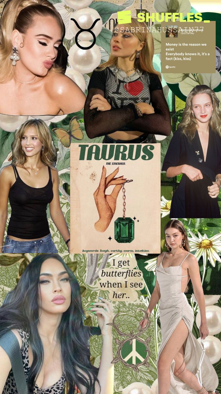 a collage of photos with women in different outfits and hair colors, including the words taubus