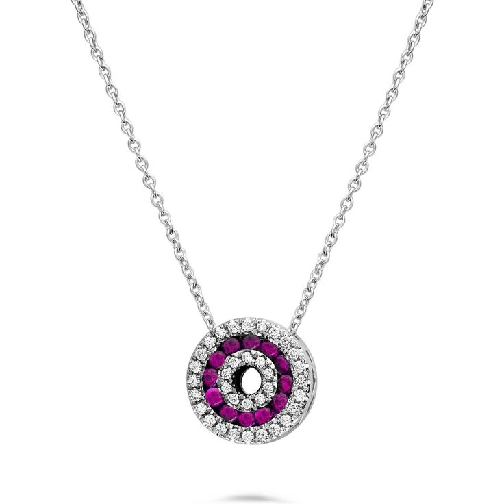 Roman & Jules 14K White Gold Pink Sapphire & Diamond Circle Necklace Elegant Circle Gemstone Jewelry, Luxury White Necklace With Round Stone, Timeless White Necklace With Round Stone, Timeless Round Necklace With Halo Setting, White Round Halo Necklace, Elegant Open Circle Halo Design Jewelry, Timeless White Round Stone Necklace, Elegant Open Circle Halo Jewelry, Timeless Halo Necklace With Round Pendant