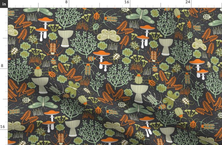 an image of a fabric with mushrooms and plants on it, as well as measurements for the