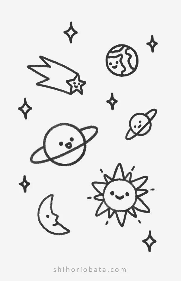 the sun, planets and stars are drawn in black ink