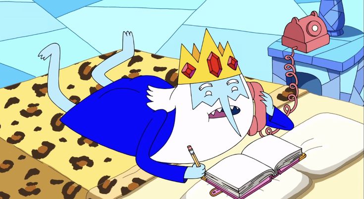 a cartoon character laying on top of a bed with a book and pen in his hand