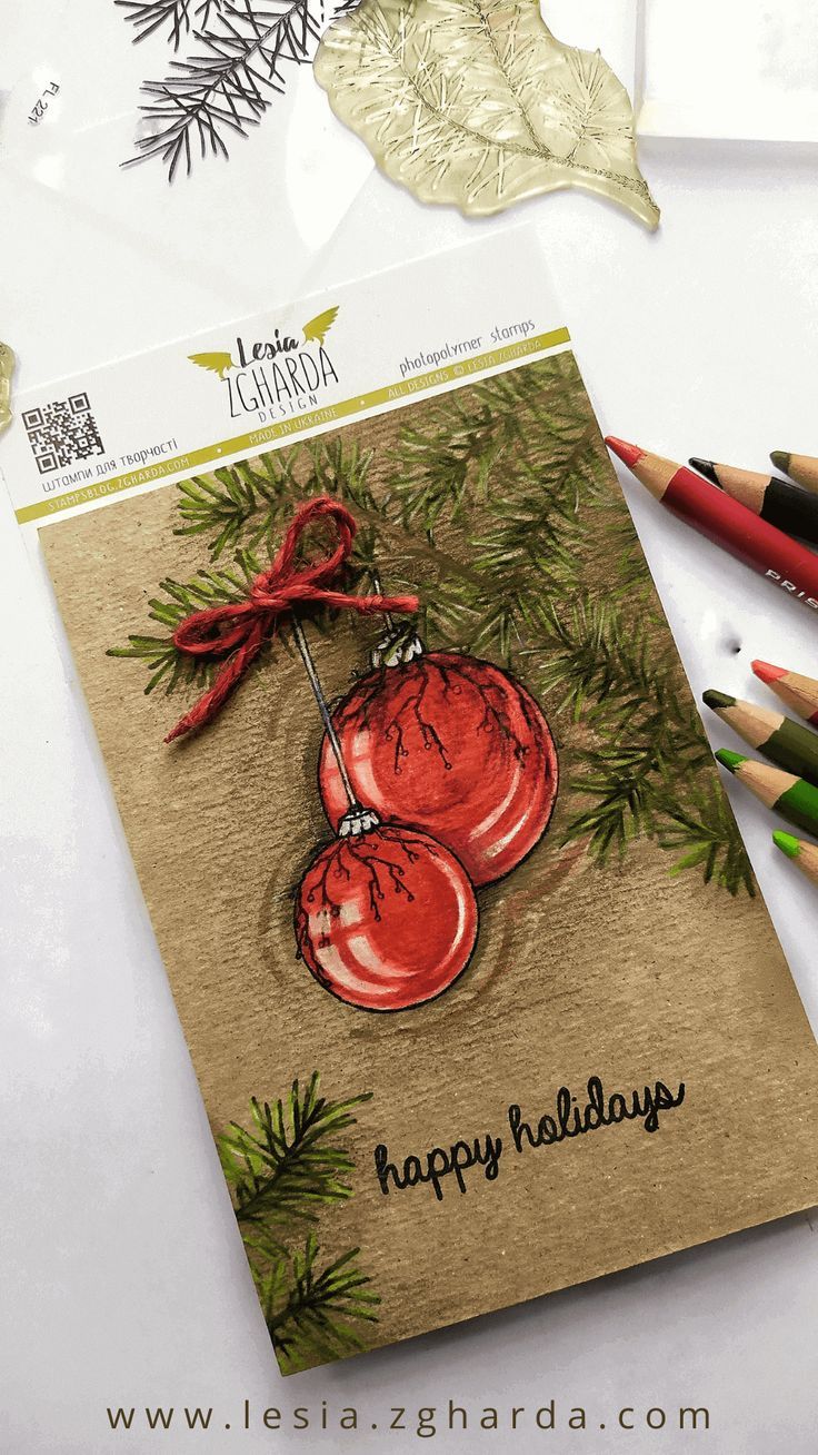 Image - Happy holidays stamped card using Christmas tree balls stamp by Lesia Zgharda clear stamps Winter Cards Handmade, Making Journals, Santa Stamp, Christmas Tree Bulbs, Christmas Tree Balls, Christmas Tree Branches, Tree Stamp, Beautiful Christmas Cards, Holiday Stamping