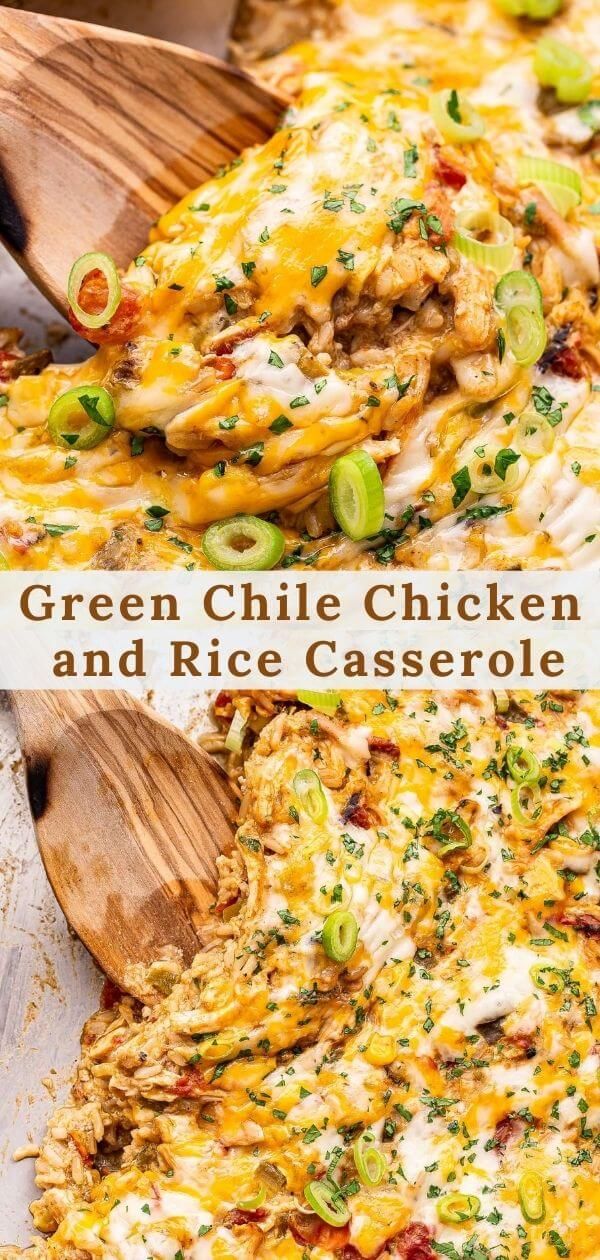 the green chile chicken and rice casserole is ready to be eaten