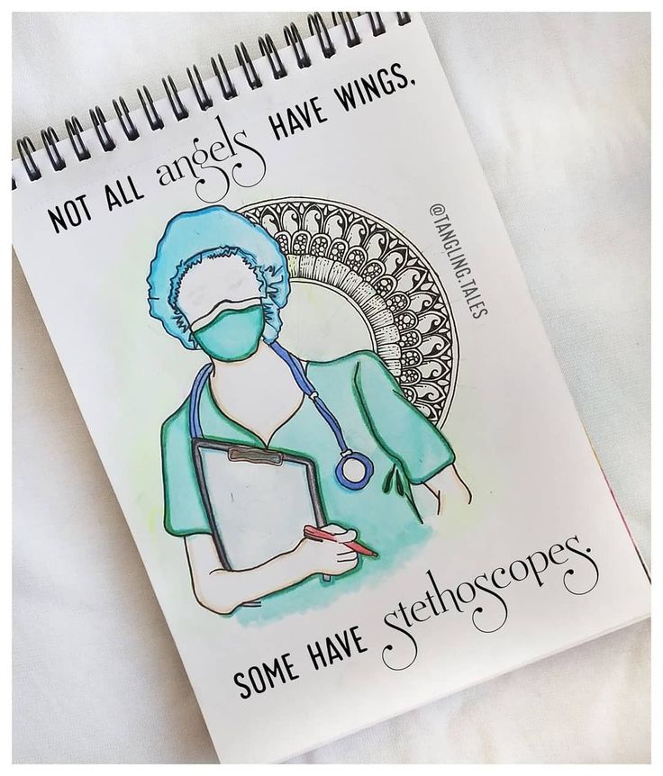 a drawing of a woman with a stethoscope in her hand on top of a notebook